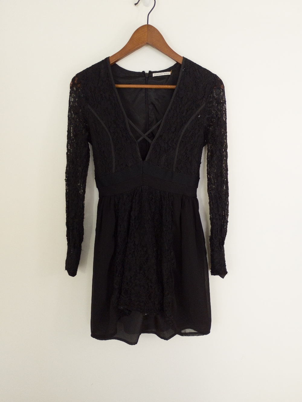 Mustard Seed Black Lace Long Sleeve Cross V-Neck Mini Dress S